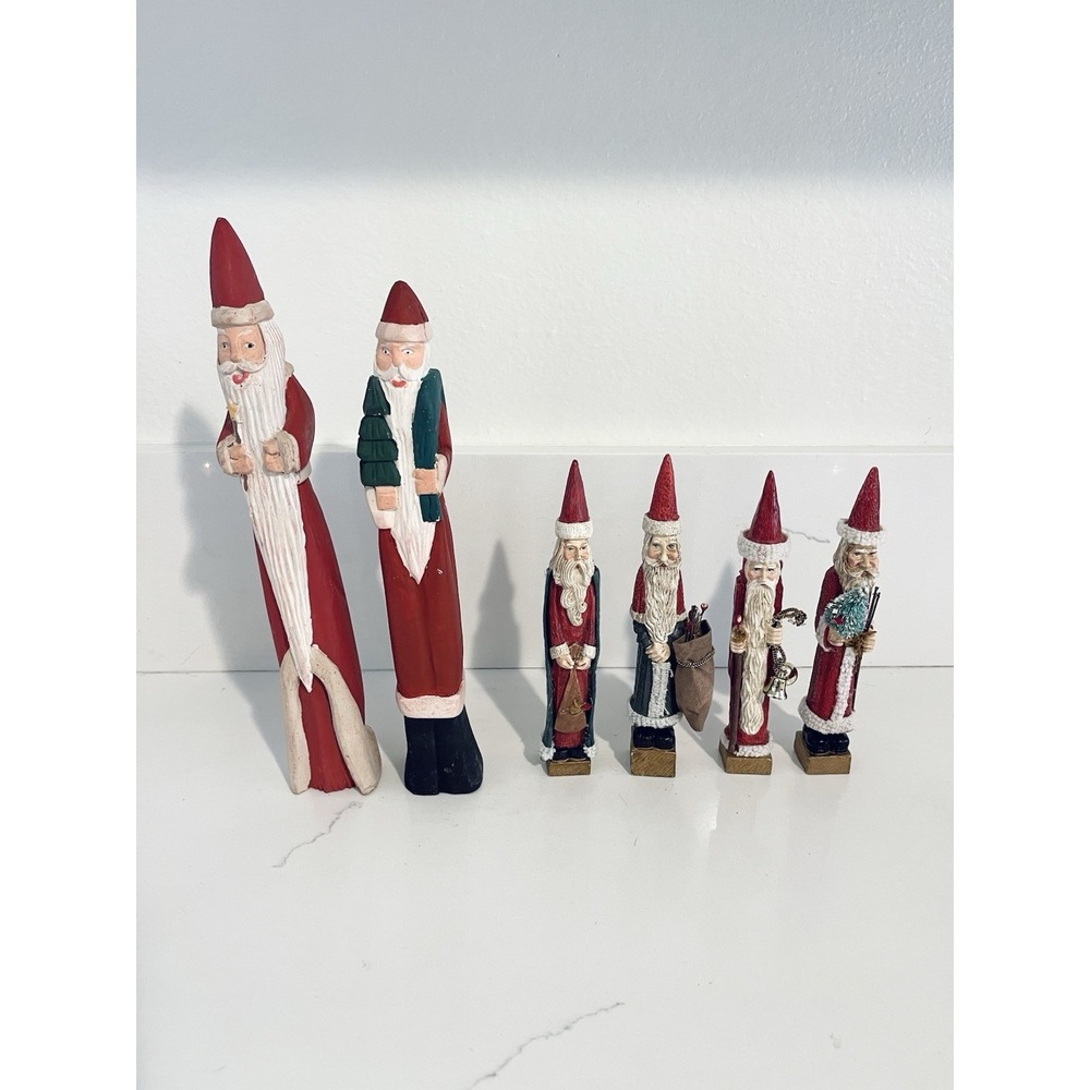Folk Art hand-carved and painted wooden "pencil" Santa Claus VTG figurines LOT
